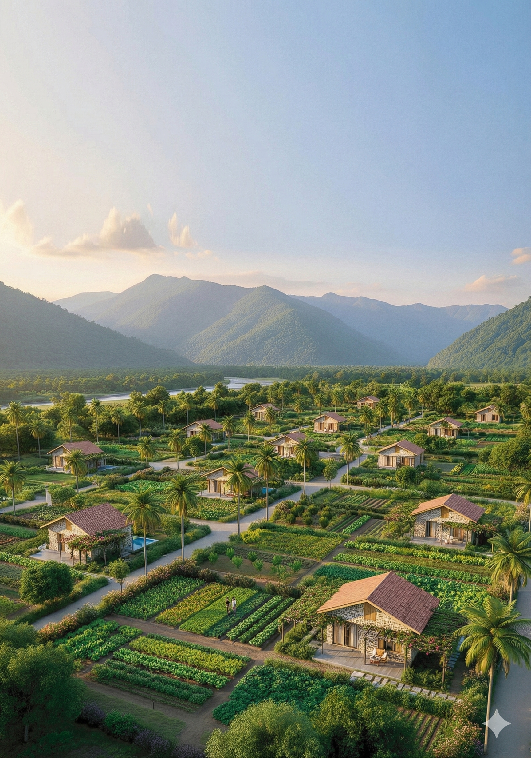 Aerial view of Riveria Farms showing organized farmland plots with lush green fields