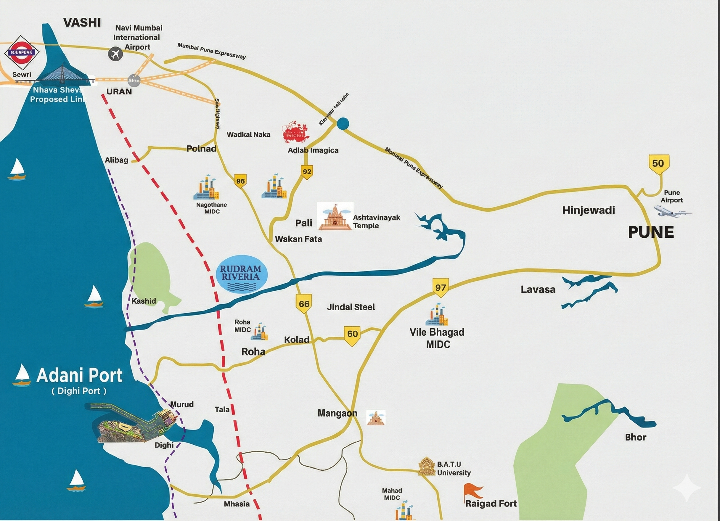 Strategic location map showing Riveria Farms proximity to Mumbai, Pune, Kolad